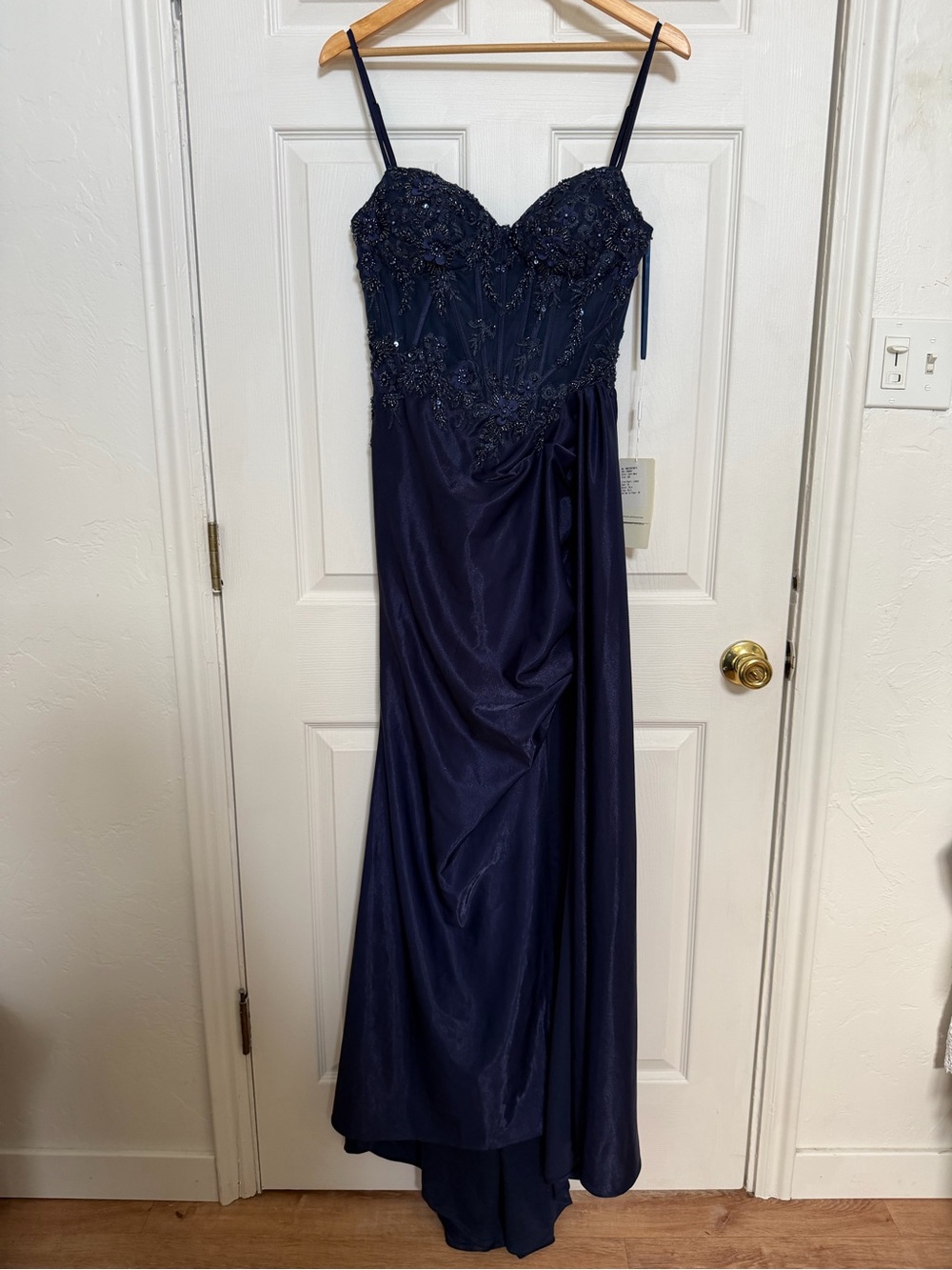 NWTs Navy Beaded Spaghetti-Strap Ruched side Evening Gown